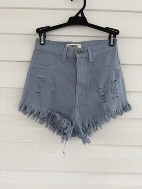 Aphrodite Blue Gray Stone Denim Shorts Frayed Hem Classic Summer Cutoffs